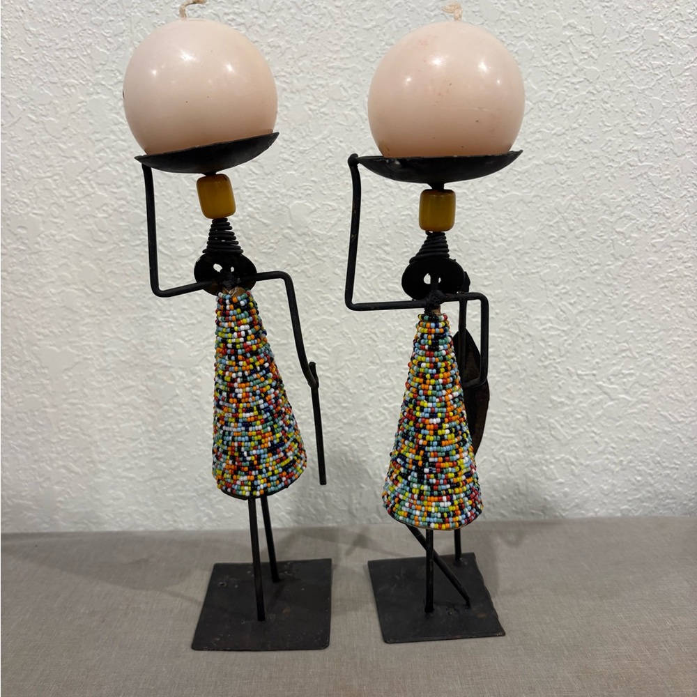 Pair of Handcrafted African Beaded Figurine Candle Holders 9" Folk Art Sculpture